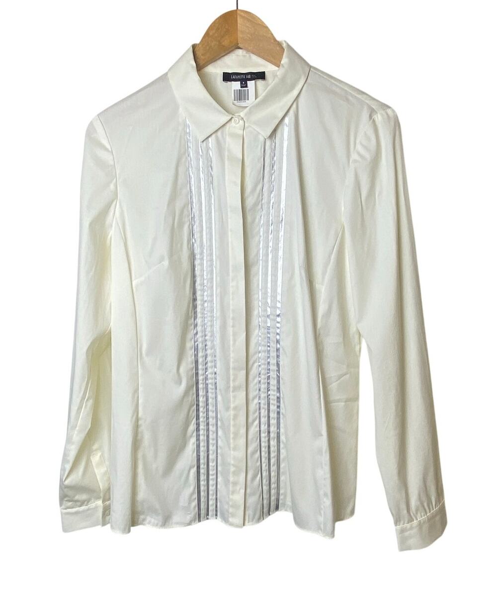 Lafayette 148 Classic Ivory Button Collared Blouse Silver Vertical Detail Size 8